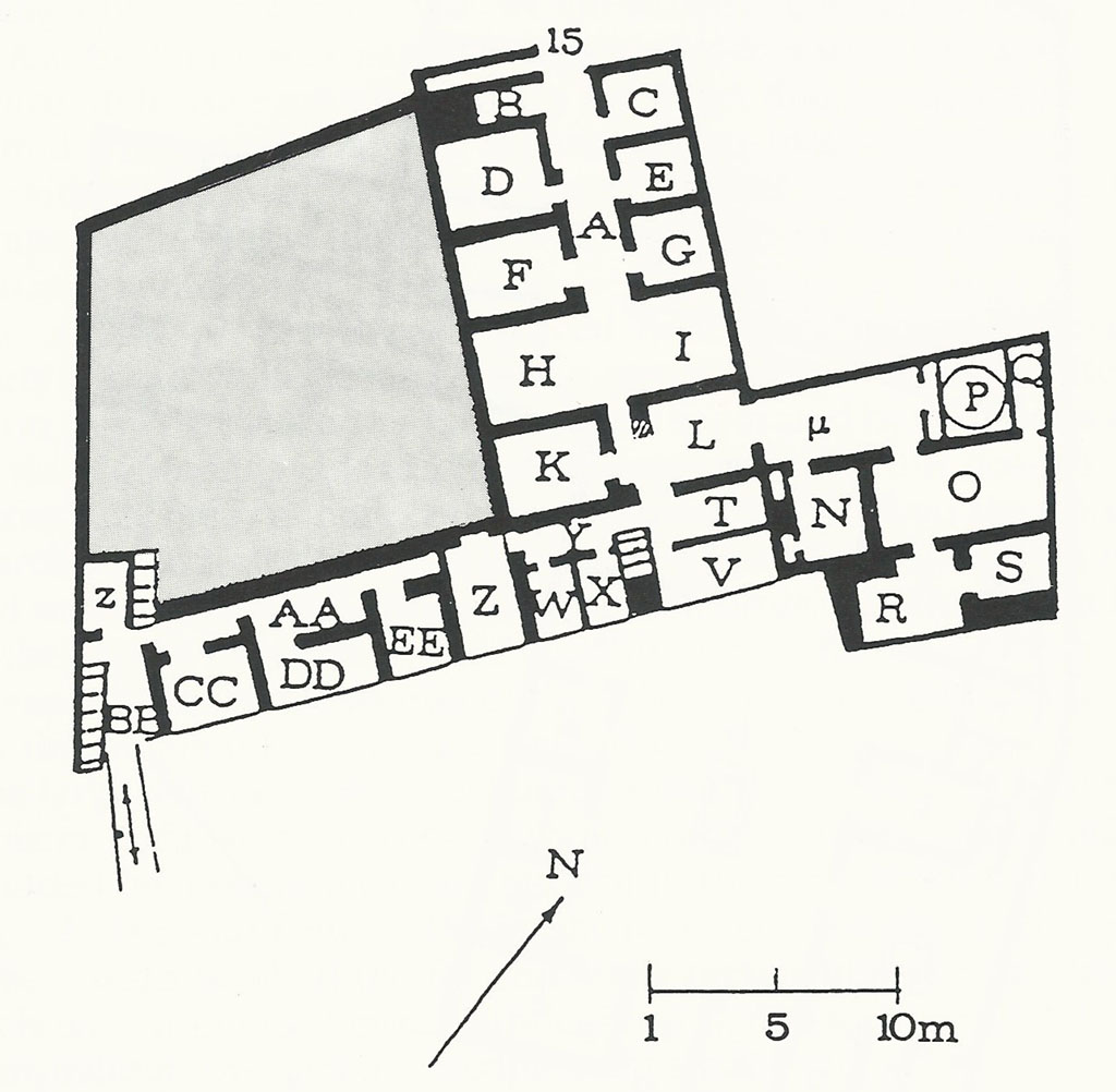 VII.15.16 Pompeii. Plan of lower underground areas.
See Franklin, J. L. (Jnr) 1990. Pompeii, the Casa del Marinaio and its history. SAP, monograph 3. Roma; L’Erma di Bretschneider, (p.24, fig. 4).
